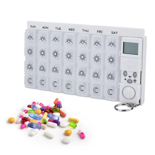 28 Grids Weekly 7 Days Pill Box Medicine Pill Case Organizer LED Timer Reminder S Tablets Storage Pill Dispenser Alarm Clock